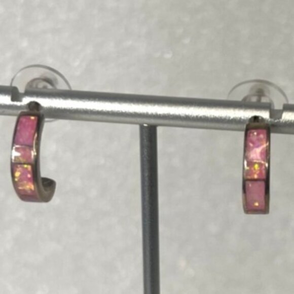 Vtg 90s Silver Pink Lab Opal Inlay Hoop Earrings 925 Huggies Southwestern Artisa - Picture 4 of 9
